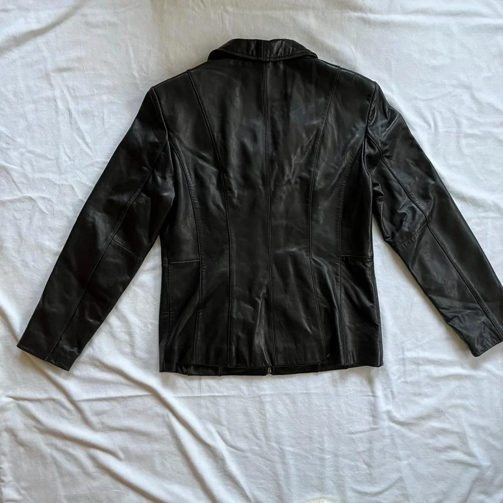 Vintage Worthington Leather Jacket Women Small Black Lambskin Zip Up Moto Y2K